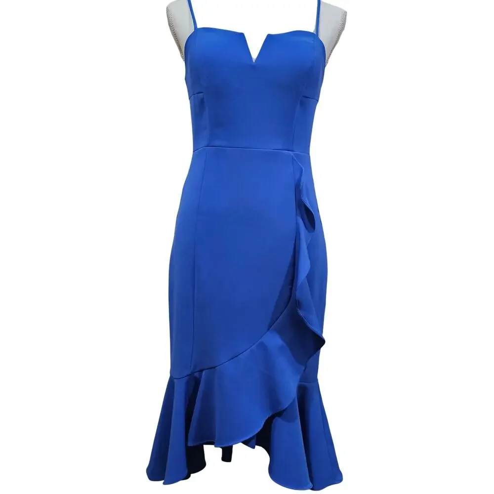 Laundry by Shelli Segal Blue Midi Dress Ruffle Hem Sheath Size 4 - Picture 8 of 10